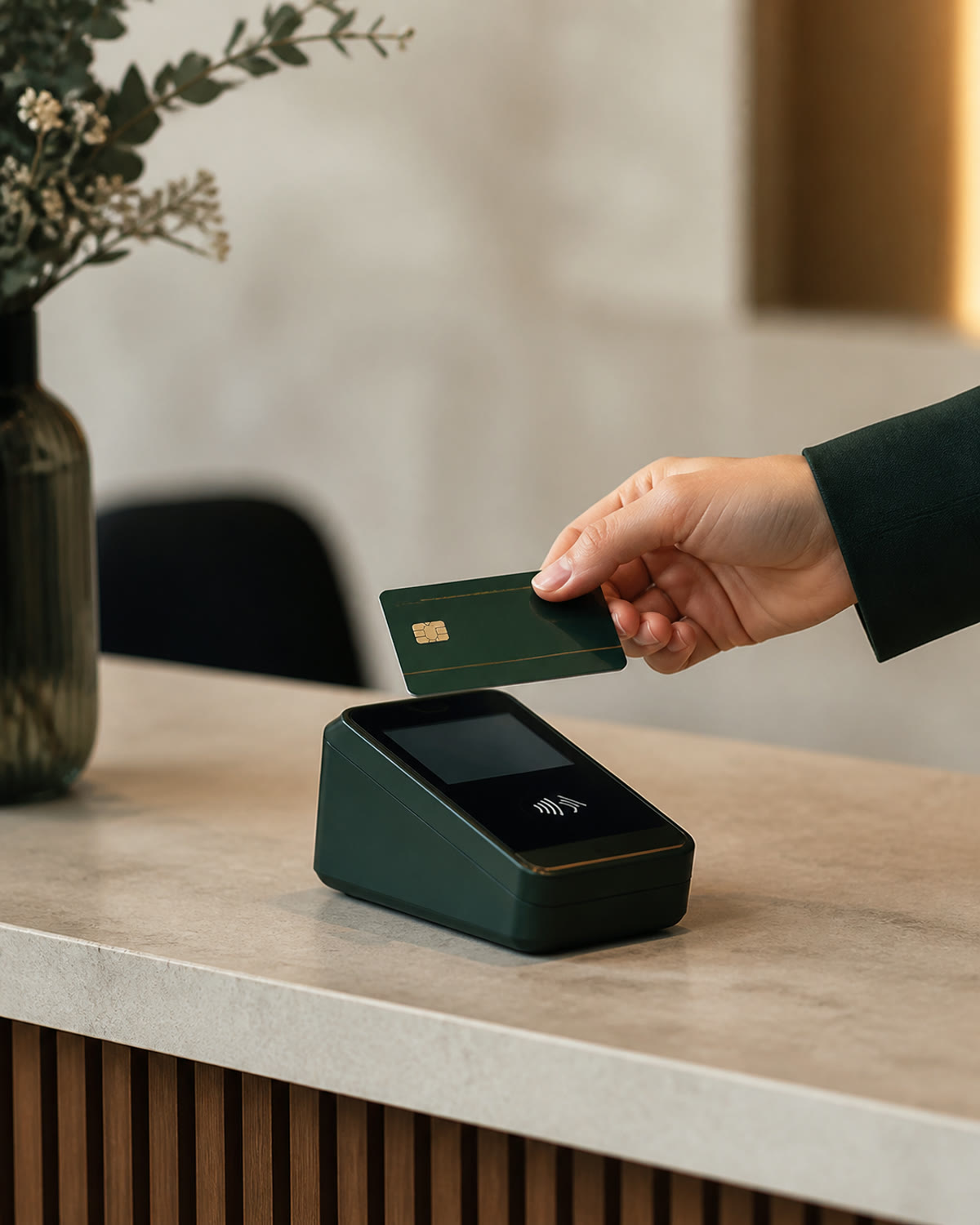 Paiement sans contact sur un terminal aux couleurs du cabinet LEX2A